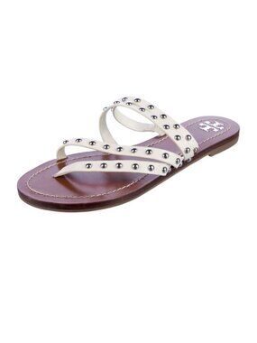NEW Tory Burch White Leather Studded Multi Strap Flat Sandals Womens 8